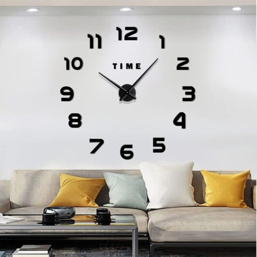 Aougo - Large Modern Frameless Mute Wall Clock with 3D Metal Mirror for Living Room, Kitchen, Home, Office, Bedroom, School Decoration (Black)