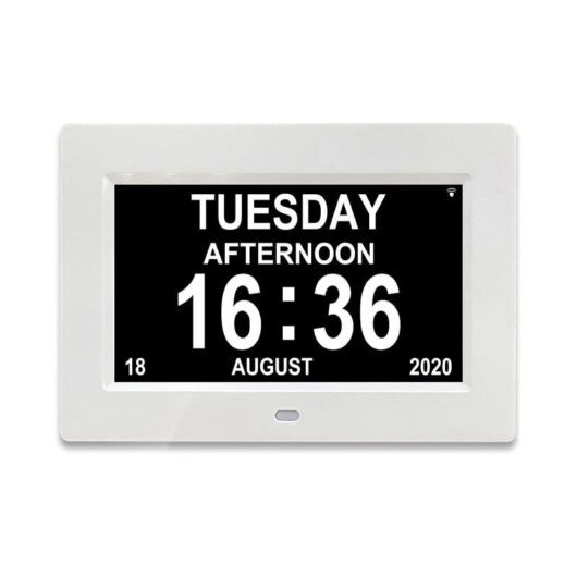 Cyslmuk - White One Piece 7 Inch Digital Calendar Clock with Date and Time, Alzheimer's Clock for Parents, Medication Reminder for Grandparents and