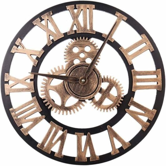 Large Vintage Style Wall Clock, Round, Metal, Silent, No Ticking, Battery Operated, 45cm, Black Roman Numerals, Living Room Clocks, Bedroom, Gold