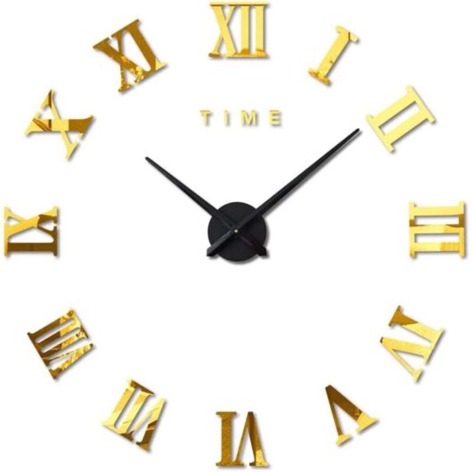 Modern DIY Large Wall Clock Roman Numerals Big Clock Stickers 3D Clock Wall Clock Home Office Decoration Removable (Battery Not Included) Gold