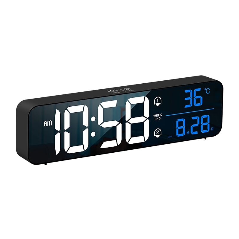 Table or wall clock with hd led display, multi-function, date, day, time and temperature displayed simultaneously, 26 cm, Black
