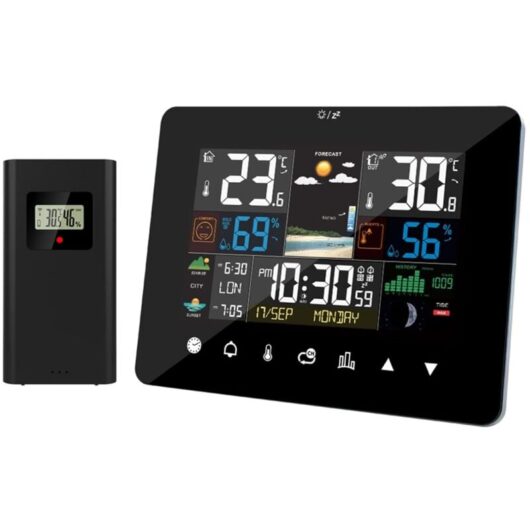 Weather Station with Indoor Outdoor Wireless Sensor Sunrise Sunset Weather Station Alarm Clock Thermometer Hygrometer Touch Screen Operation with