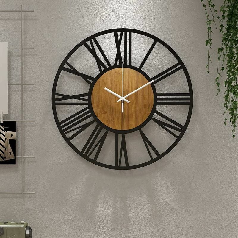 Dewdat - Large Round Black Wooden Wall Clock Living Room Decoration Retro Roman Numerals Silent No Tickling Suitable for Home Garden Office Cafe