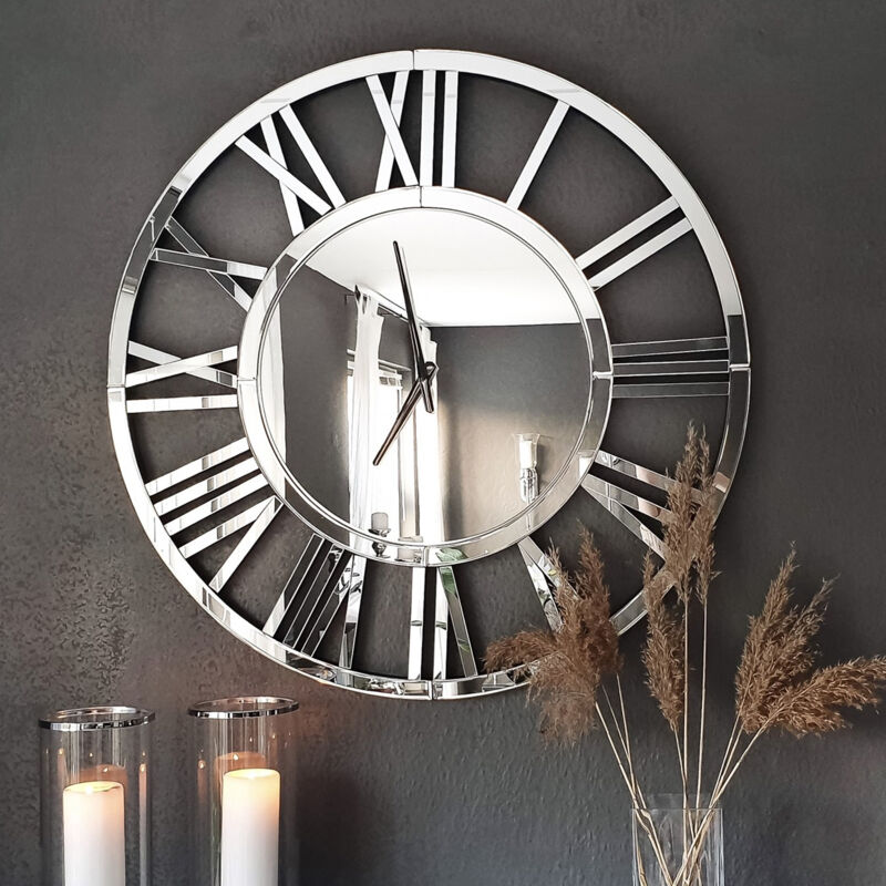 Shyfoy - 31.5in Modern Glam Oversized Mirrored Wall Clock - Large Round Decorative Mirror Clock with Roman Numerals for Living Room, Bedroom, Home