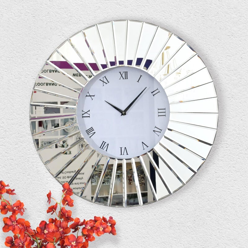 Shyfoy - 31.5in Modern Glam Sunburst Mirrored Wall Clock - Large Decorative Round Silent Clock with Roman Numerals for Living Room, Bedroom, Home