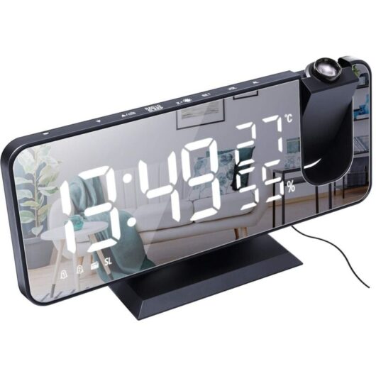 Projection Alarm Clock for Bedroom 7.4'' Large LED Mirror Display and 4 Dimmer Alarm Clock Radio with USB Charging 180° Rotatable 2 Sounds