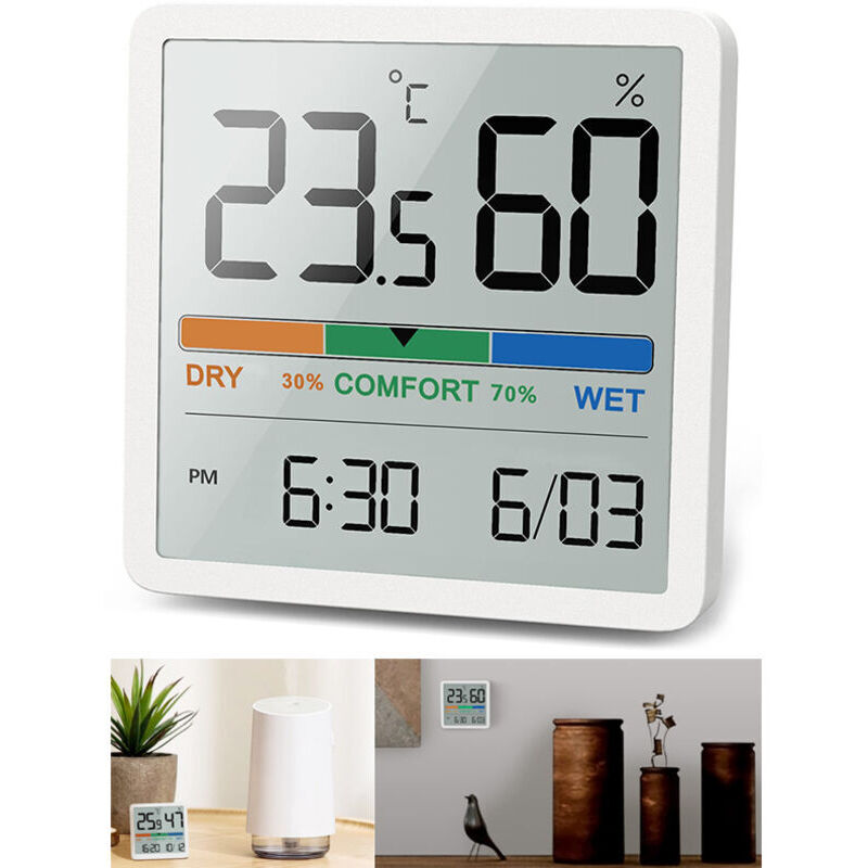 Digital thermometer-hygrometer, digital table thermometer with temperature and humidity display, accurate hygrometer, room thermometer with clock for