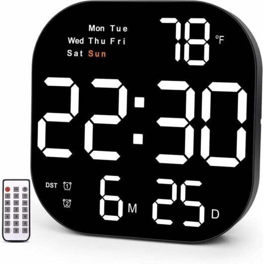 Large wall clock, 10.55 inch digital wall clock with LED display, day of the week, date, daylight saving time, timer, temperature, 12/24-hour format,