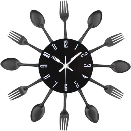 Mirror-effect kitchen clock with spoon, fork, and removable 3D sticker for home decoration, 30304CM, Black