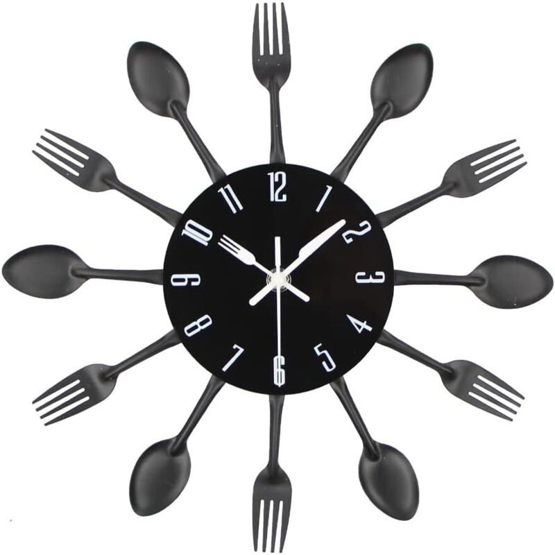 Mirror-effect kitchen clock with spoon, fork, and removable 3D sticker for home decoration, 30304CM, Black