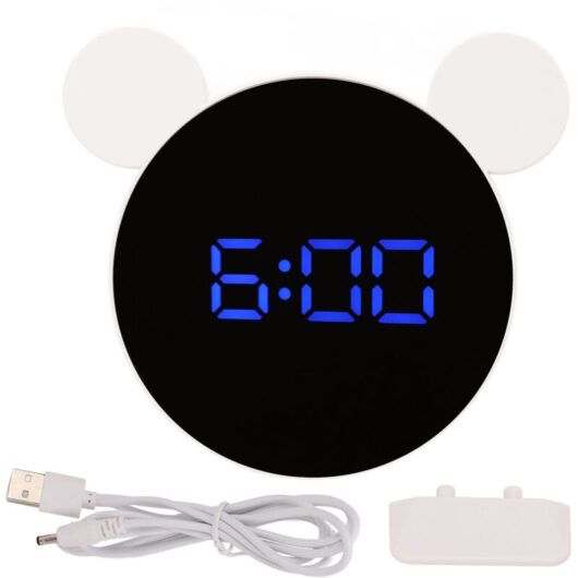 Mirrored Digital Alarm Clock Cute Mice Ear Shape LED Mirror Clock with Snooze Model Night Mode for Kids Home Bedroom Blue LED