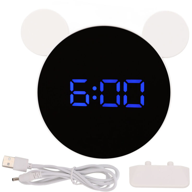 Mirrored Digital Alarm Clock Cute Mice Ear Shape LED Mirror Clock with Snooze Model Night Mode for Kids Home Bedroom Blue LED