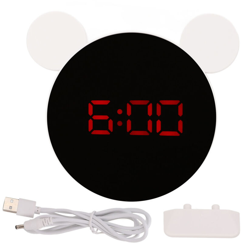 Mirrored Digital Alarm Clock Cute Mice Ear Shape LED Mirror Clock with Snooze Model Night Mode for Kids Home Bedroom Red LED