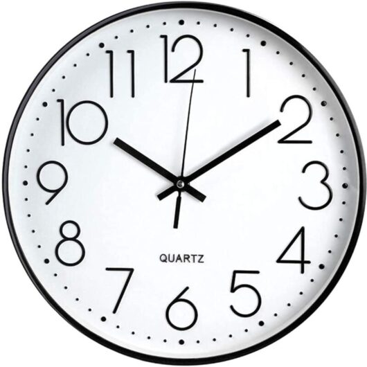 Modern 12-inch Wall Clock, Silent Quartz Kitchen Clock, Battery Operated, Round, Easy to Read, for Home/Office/School, Black, White