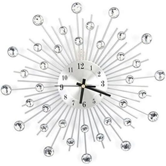 Modern 3D crystal wall clock, 30 cm silver-tone metal with sparkling mirror and rhinestones - Round wall decoration - Metal digital hands - For
