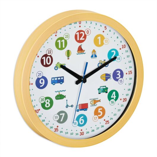 Relaxdays Wall Clock for Children, Ø 30 cm, with Vehicle Motif, Learn the Time, Kids Room, for Boys & Girls, Colourful