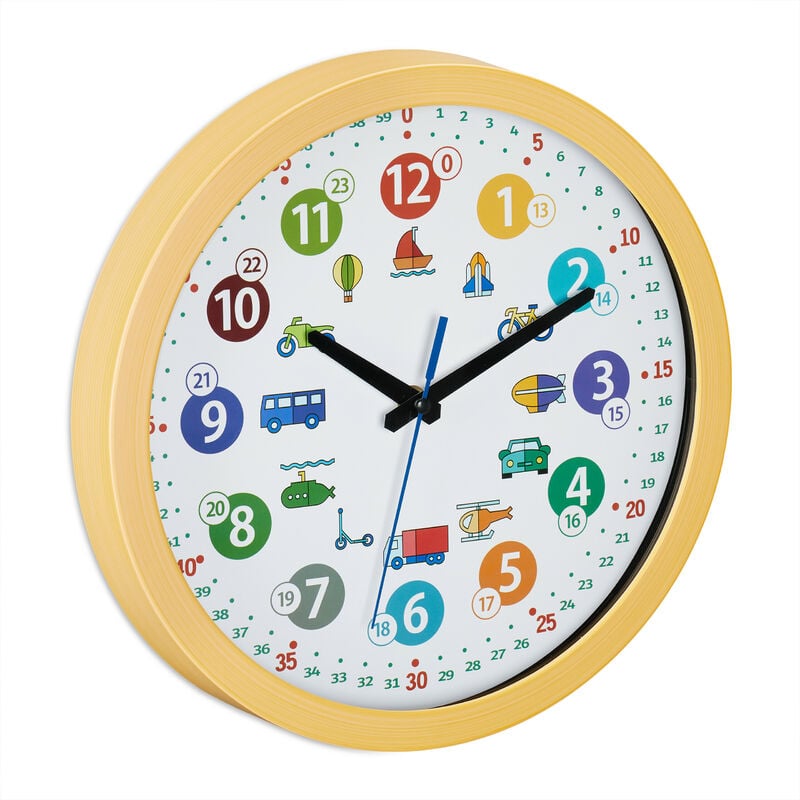 Relaxdays Wall Clock for Children, Ø 30 cm, with Vehicle Motif, Learn the Time, Kids Room, for Boys & Girls, Colourful