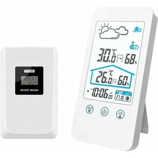 Wireless weather station, wireless digital indoor thermometer, indoor air and humidity barometer, weather station clock with outdoor sensor (White)