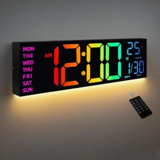8-Color Digital Wall Clock, Large 16.1 inch Digital Clock with Temperature, Date, Automatic DST, Night Light, Automatic Dimmer, 24/12 Wall Clock