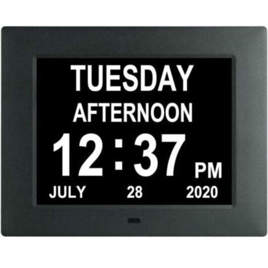 Digital Clock Extra Large Unabbreviated Day Calendar Day Date Time Dementia Clocks for Seniors with Impaired Vision Memory Loss + 8 Alarm Reminders