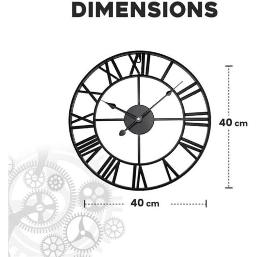 Holdfiturn Skeleton Wall Clock - 40CM Metal Vintage Large Black Round Silent Roman Numerals Hanging Battery Operated for Living Room Bedroom Kitchen