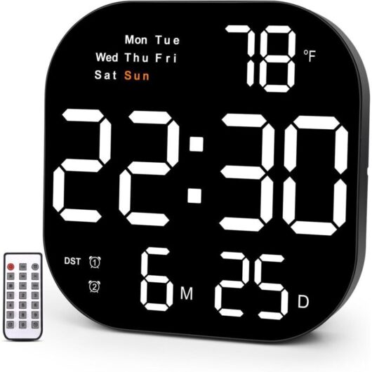 Large wall clock, 10.55" digital wall clock with LED display, day of the week, date, daylight saving time, timer, temperature, 12/24 hour format,