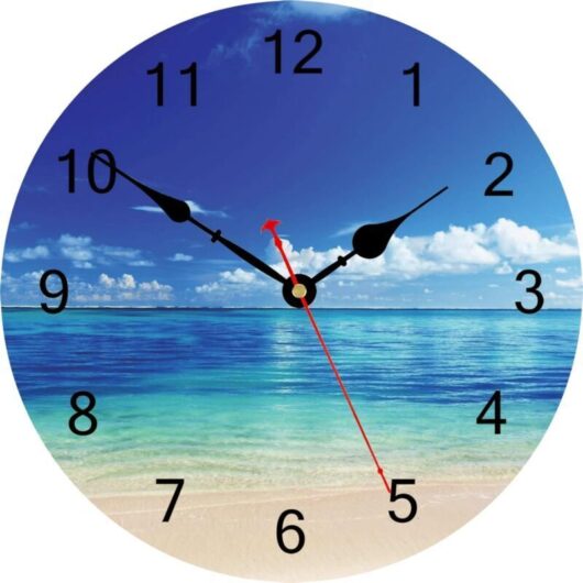 Peaceful Blue Sea Wall Clock, Silent Beautiful Sky Beach Round Clock, Easy to Read Decorative Wall Clock for Kitchen, Bathroom, Living Room, 34 cm