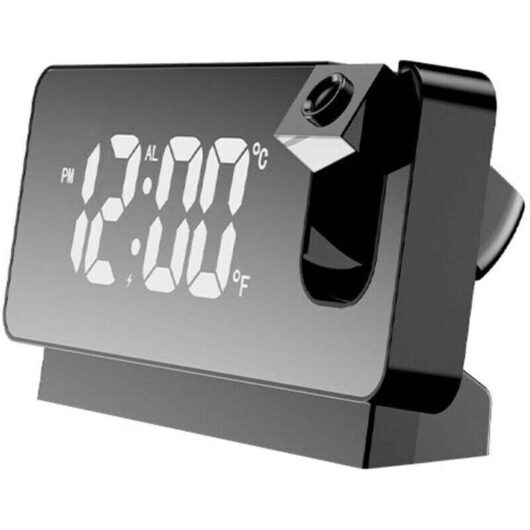 Projection alarm clock for bedroom, digital alarm clock radio with 0-100% dimmer and 2 USB charging ports, 180° rotating projector, dual alarm,