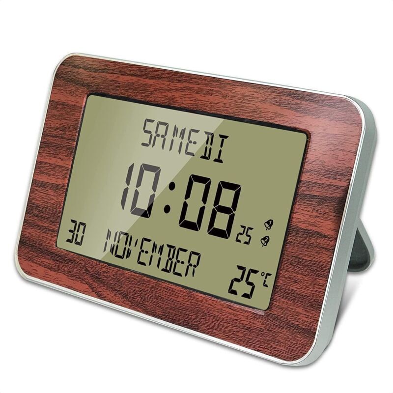 Radio-Controlled Digital Wall Alarm Clock - Calendar, Date, Day and Time - Large Digits - 6 Languages - 2 Alarms - Room Temperature - Wall or Stand
