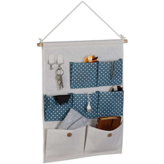Relaxdays Hanging Organiser, 7 Compartments, 2 Hooks, Cotton, HxW: 60x39 cm, Wall, Bathroom, Hallway, Office, Creme/Blue