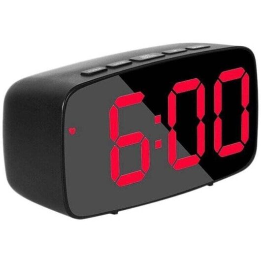Smart digital bedside alarm clock, red LED USB travel clock with 12/24-hour date and temperature display and snooze function for bedroom, black