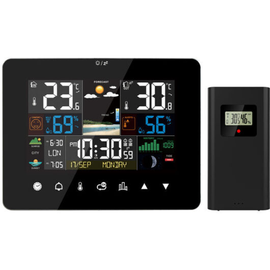 Sunrise and sunset weather station, multi-function alarm clock, thermometer, hygrometer, touchscreen operation with wireless outdoor sensor, black.