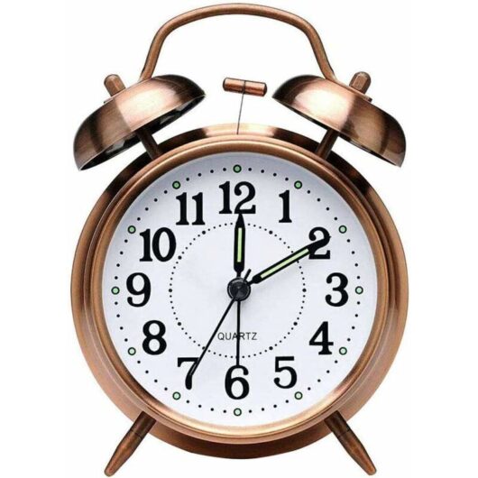 Vintage Bedside Alarm Clock with Dual Alarms (Non-Ticking), Battery Operated Quartz Analog Alarm Clock with Night Light for Bedroom, Brown