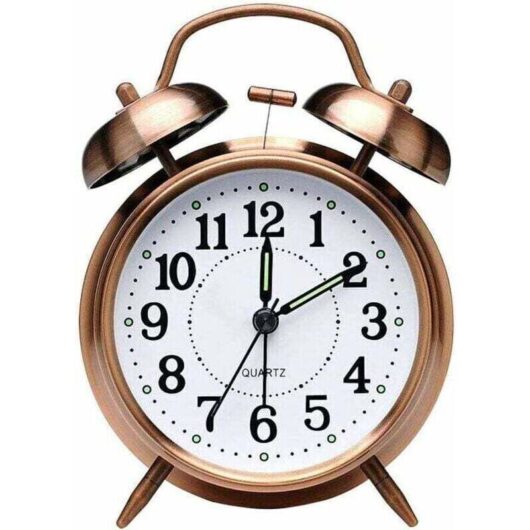 Vintage-style bedside alarm clock with double bell (non-ticking), battery-operated analog quartz alarm clock with nightlight for bedroom, brown