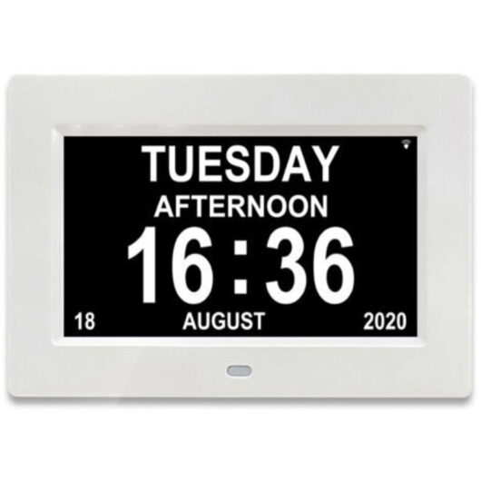 White One Piece 7-inch Digital Calendar Clock with Date and Time, Alzheimer's Clock for Parents, Medication Reminder for Grandparents and Children