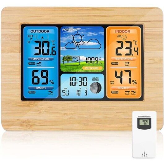 Wireless Weather Station with Digital Color Forecast, Alerts, Temperature/Humidity/Barometer/Alarm/Moon Clock/Weather Display with Outdoor Sensor