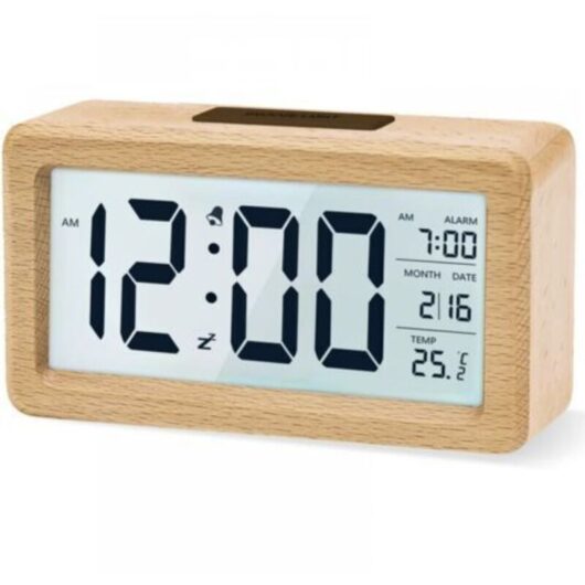 Wooden Digital Alarm Clock, LED Alarm Clock, Non-Ticking Digital Clock with Date, Temperature Display, Snooze Function, Battery Powered