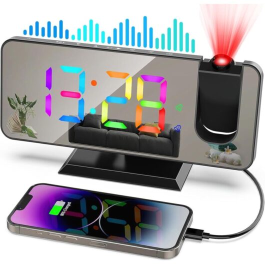 7.4" Projector Alarm Clock Radio, USB Digital Clock, 5 Brightness Levels, Dual Alarm, Snooze, 12/24h, Bedroom (Black)