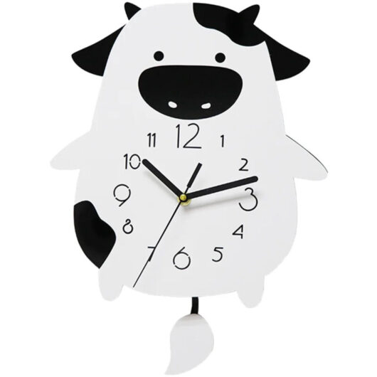 Cow-shaped wall clock with swinging pendulum for children's room/home decor