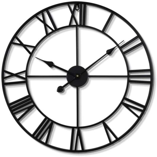 Large round vintage silent battery-operated wall clock with black Roman numerals for living room or bedroom