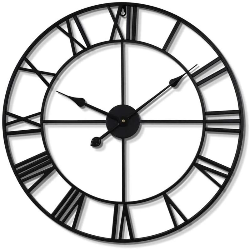Large round vintage silent battery-operated wall clock with black Roman numerals for living room or bedroom