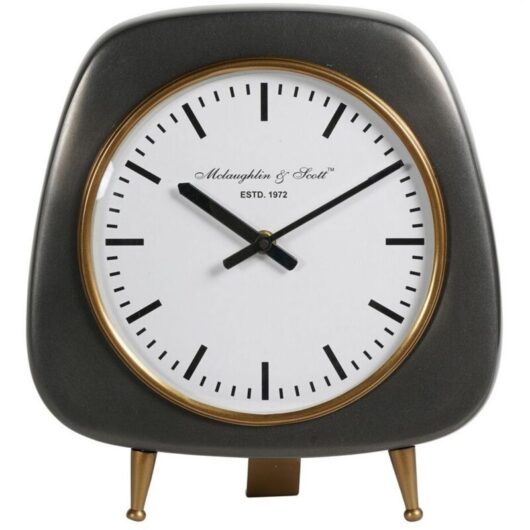 Mid Century Style Table Clock Large - Aluminium/Stainless Steel - L6 x W26.5 x H27.7 cm - Charcoal Grey/Gold