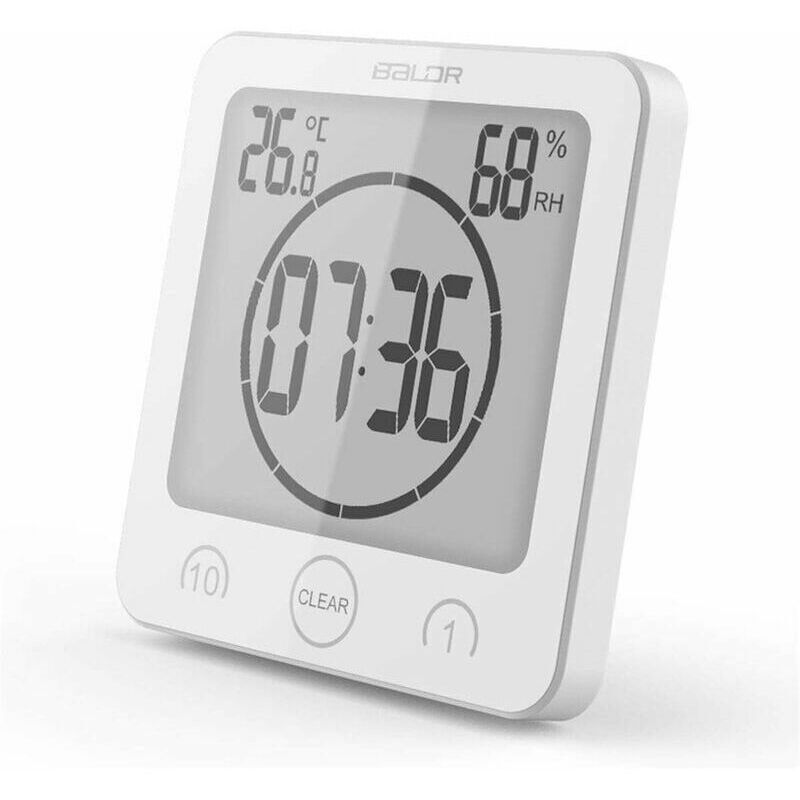 Odipie - Digital Wall Clock for Bathroom with Alarm, Waterproof, Touch Screen, Temperature and Humidity Display with Suction Cup (White)