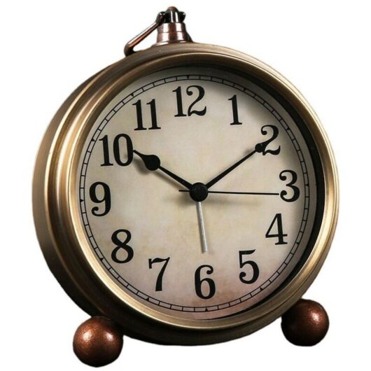 Odipie - Golden metal table clock, small retro vintage non-ticking alarm clock, battery-operated silent quartz
