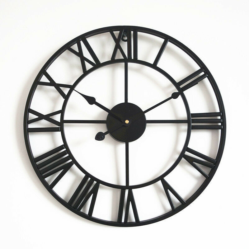 Odipie - Large Round Metal Wall Clock Vintage Style Silent Non-Ticking Battery Operated 40cm Black Roman Numeral Clocks for Living Room Bedroom