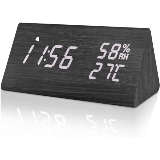 Odipie - never used] Digital Alarm Clock, Wooden Alarm Clock Digital Clock with Adjustable Brightness, Snooze Function, Temperature, Humidity,