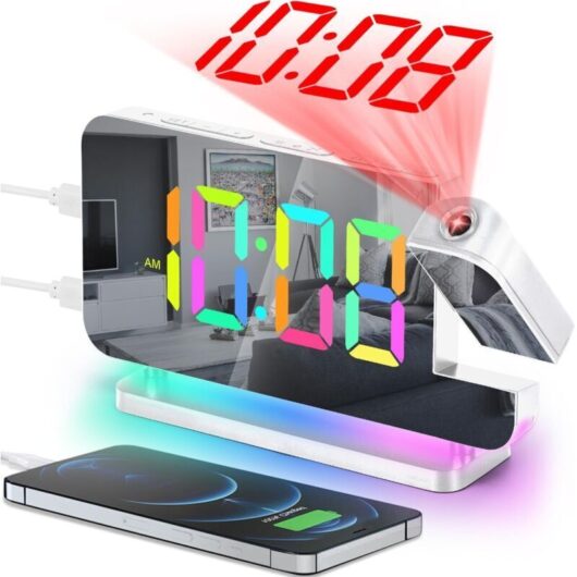 Projection alarm clock, 6.5 inches, LED digital clock, large screen, with 180° rotating projector, RGB night light, USB-C port, modern desk clock