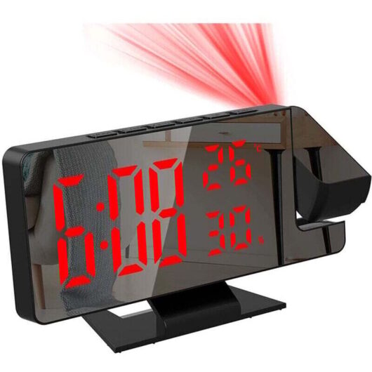 Projection alarm clock for bedroom, large digital clock with 180° projector, 12/24H, USB charging port, display