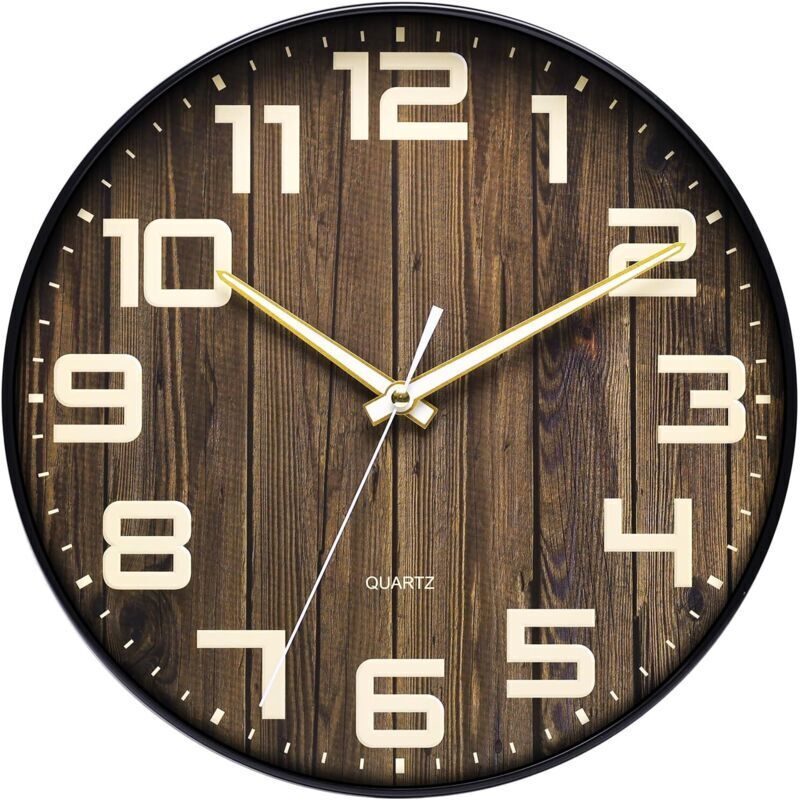 Round wall clock, made of plastic, wood imitation, silent, no answer, large antique numerals, for living room, bedroom, kitchen (30 cm)