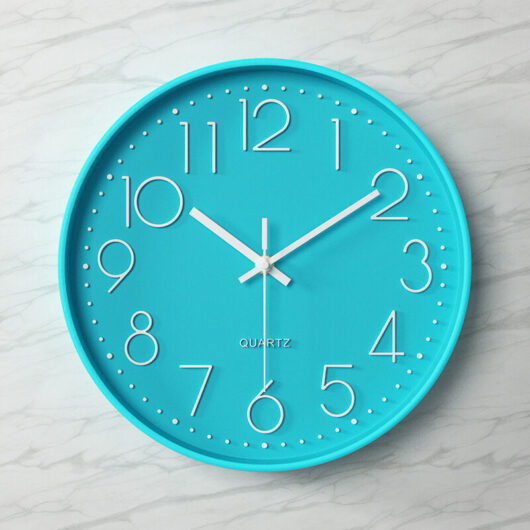 Silent round wall clock, easy to read, with large numbers, for kitchen, bedroom, office, school, teal blue